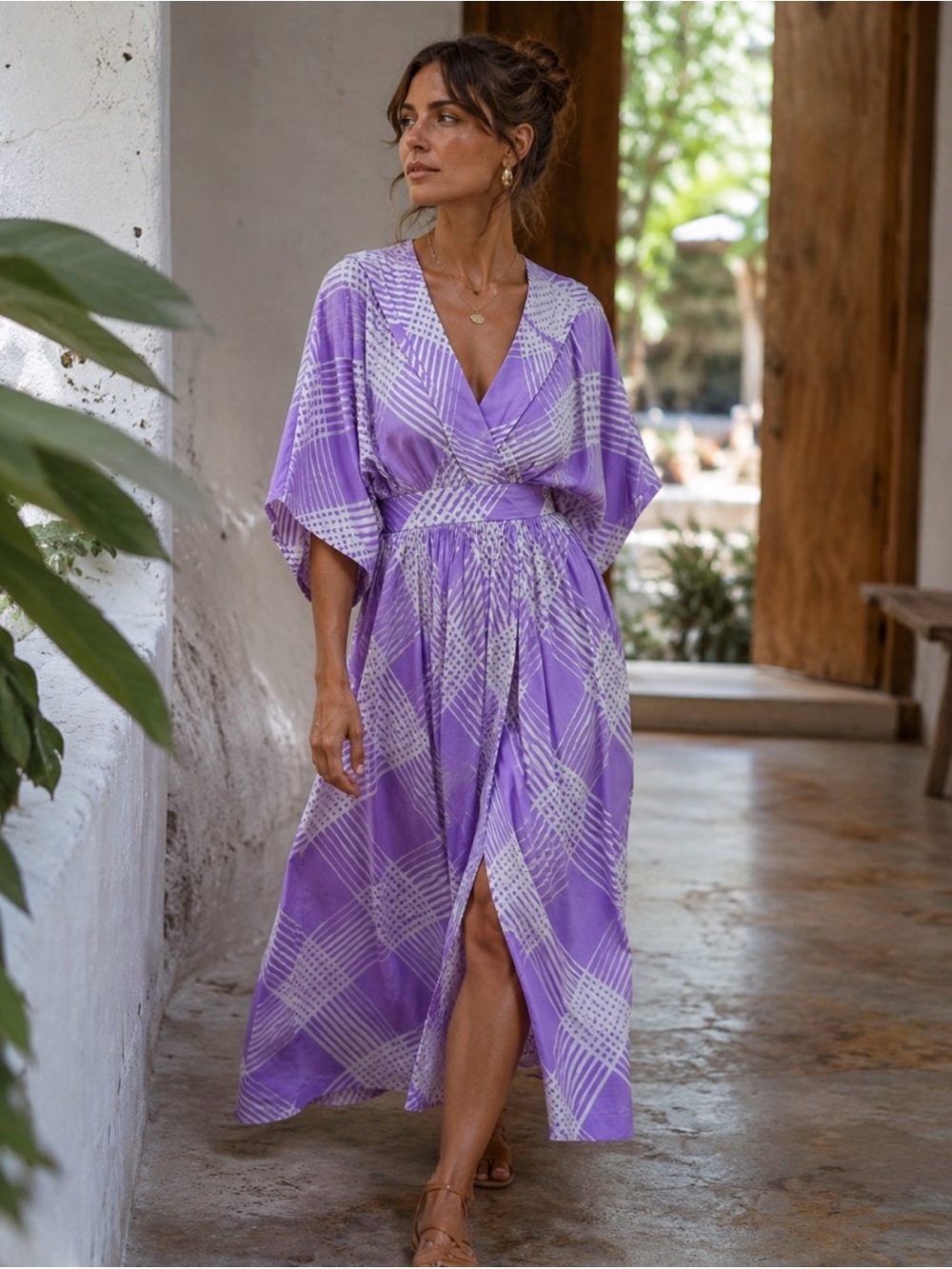 Lilac Batwing Wrap Midi Dress With Pockets Boho Resort XL